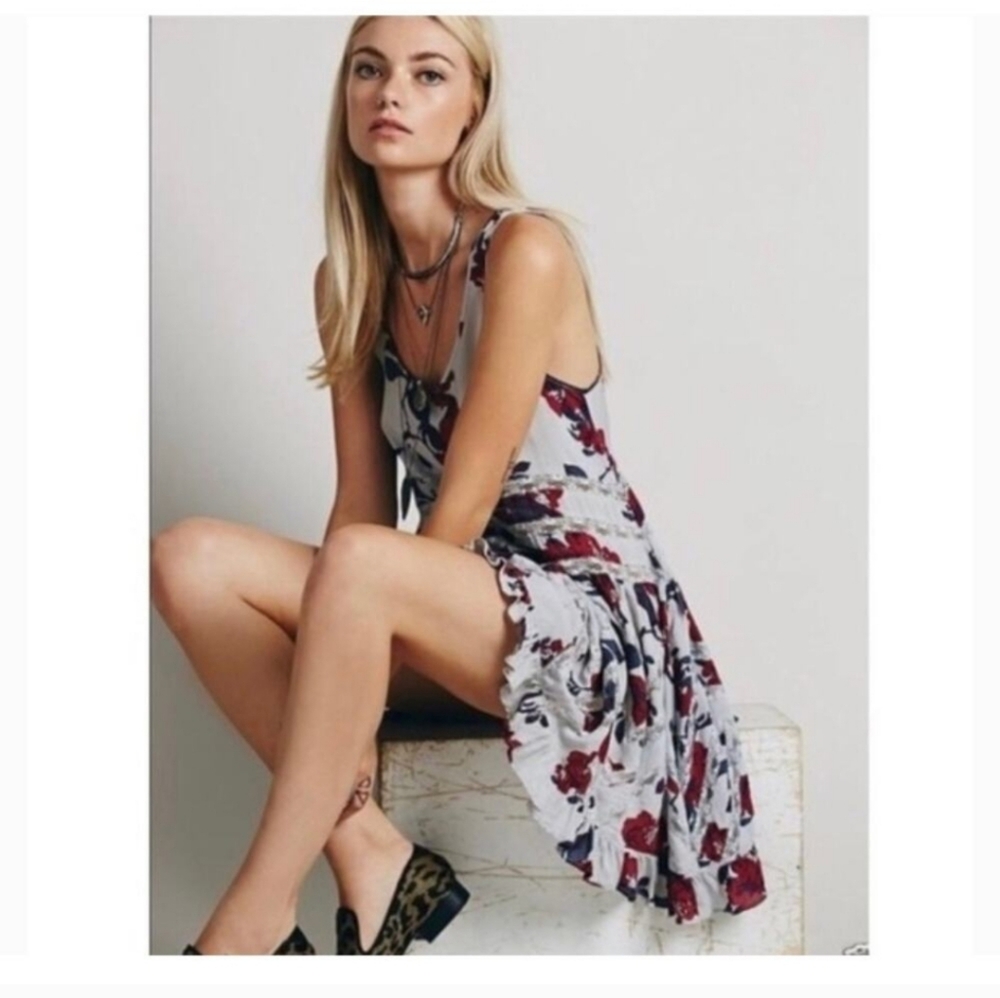 Intimately Free People Floral Voile Lace Trapeze Slip Dress Gray/Burgundy Sz MED - Picture 13 of 13